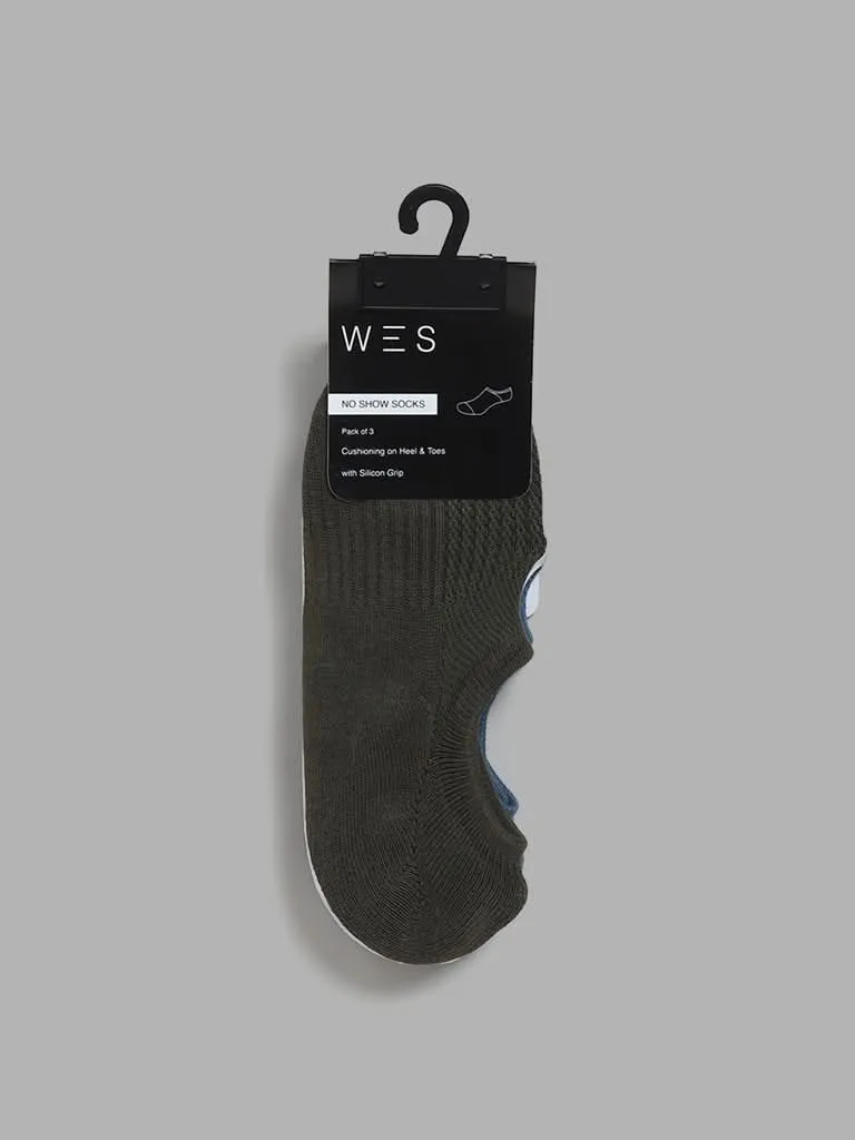 WES Lounge Olive No Show Cotton Blend Socks - Pack of 3