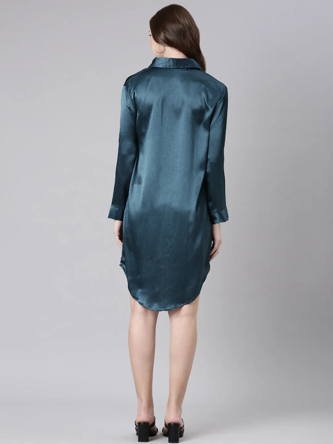 Women Teal Solid Oversized Shirt Style Dress