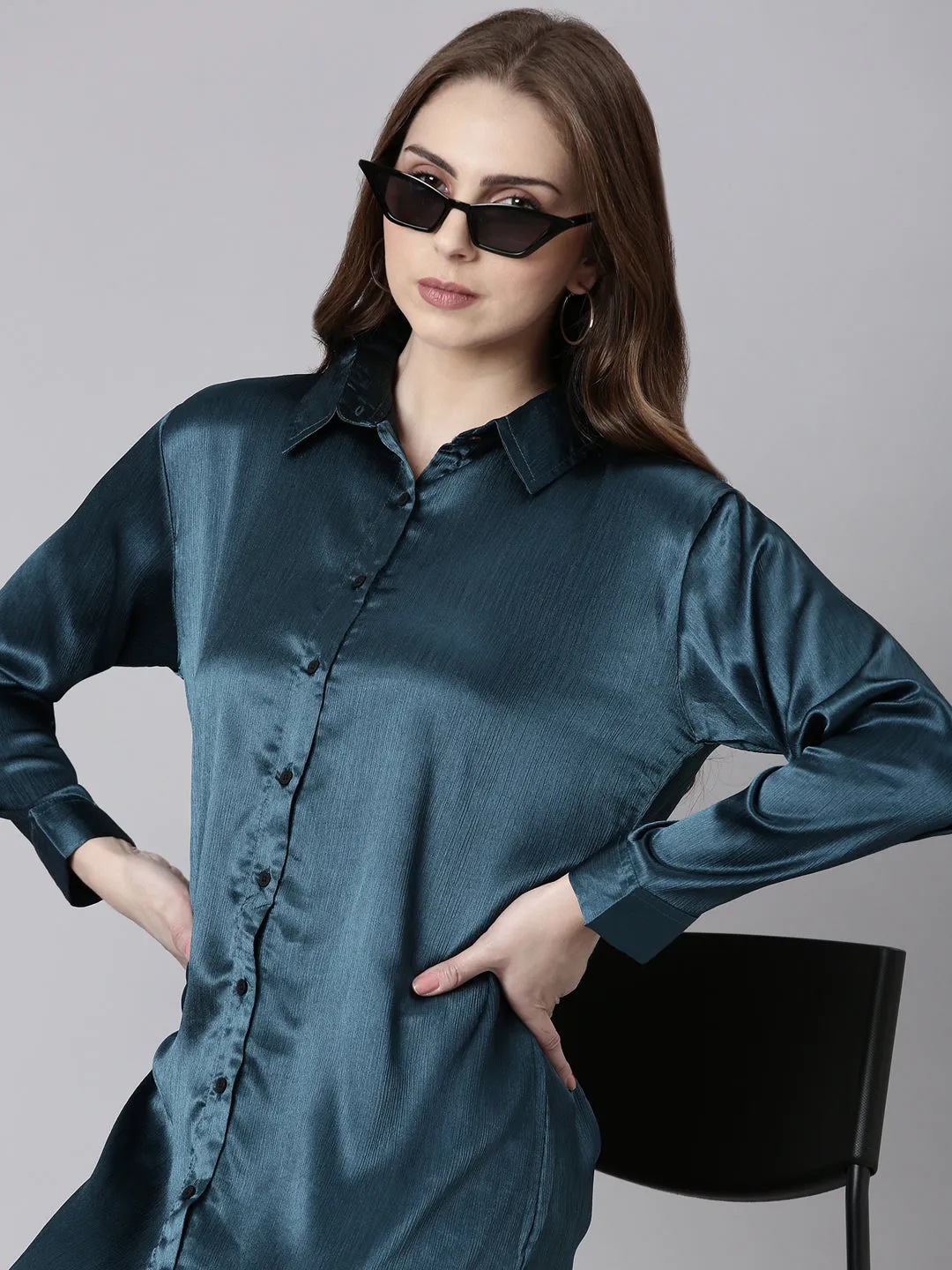 Women Teal Solid Oversized Shirt Style Dress