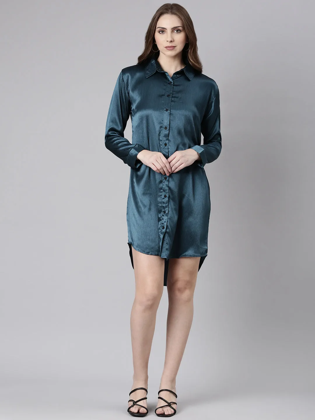 Women Teal Solid Oversized Shirt Style Dress