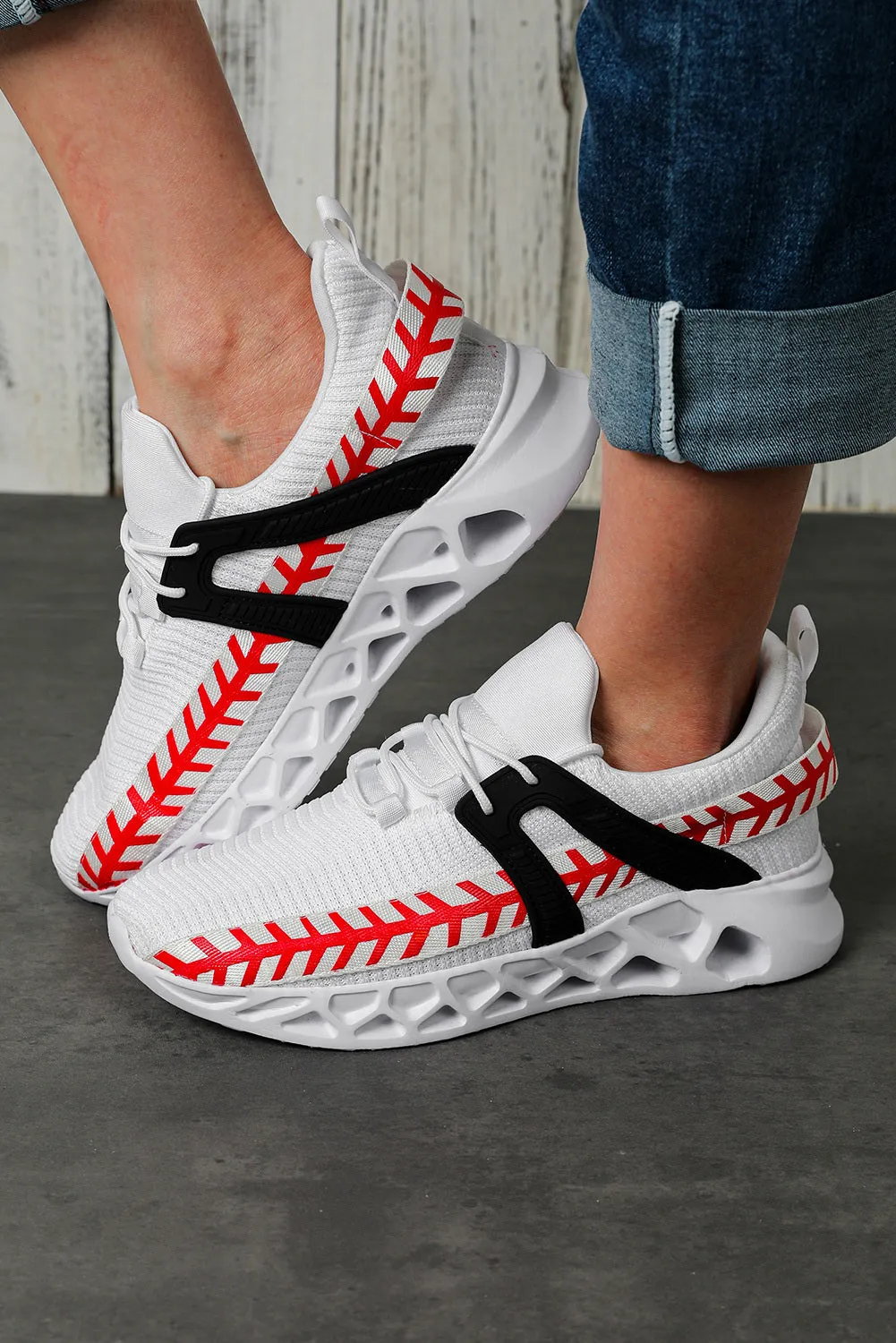 Women's Baseball Pattern Graphic White Sneakers