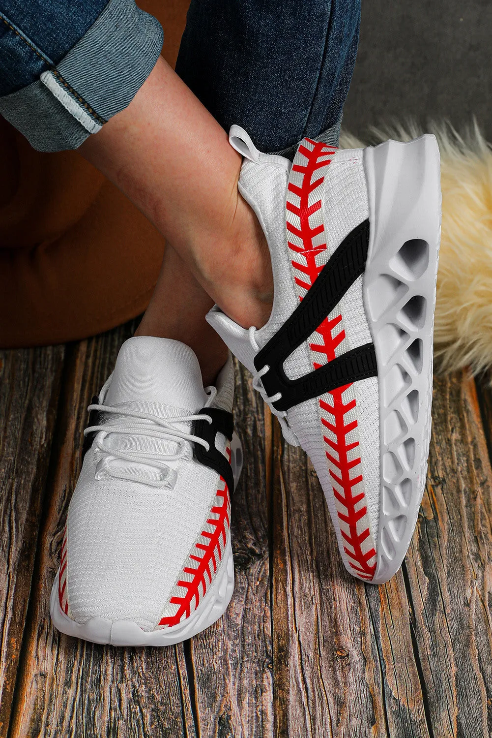 Women's Baseball Pattern Graphic White Sneakers