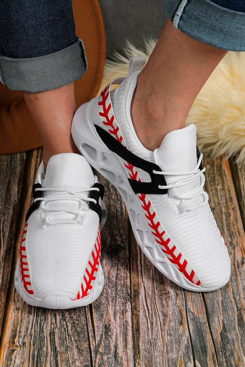 Women's Baseball Pattern Graphic White Sneakers