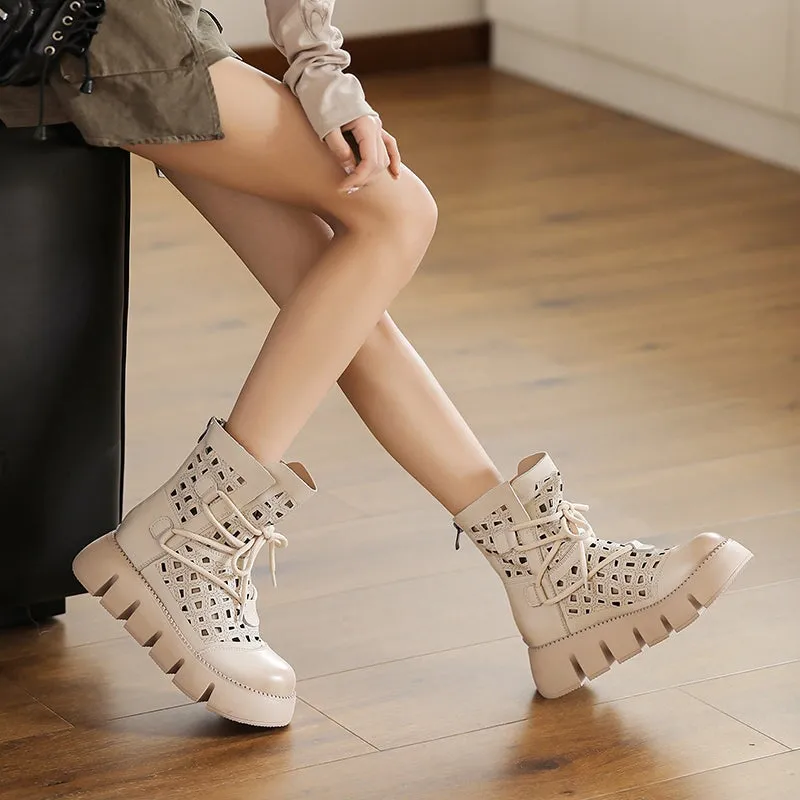 Womens Handmade Cut Out Leather Ankle Boots For Summer Lace Up in Beige/Black/Coffee