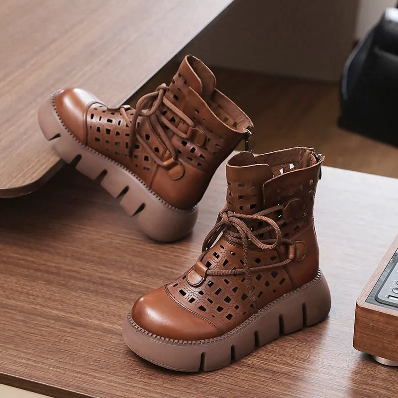 Womens Handmade Cut Out Leather Ankle Boots For Summer Lace Up in Beige/Black/Coffee