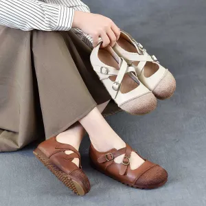 Women's Leather Flat Cross Strap Casual Shoes