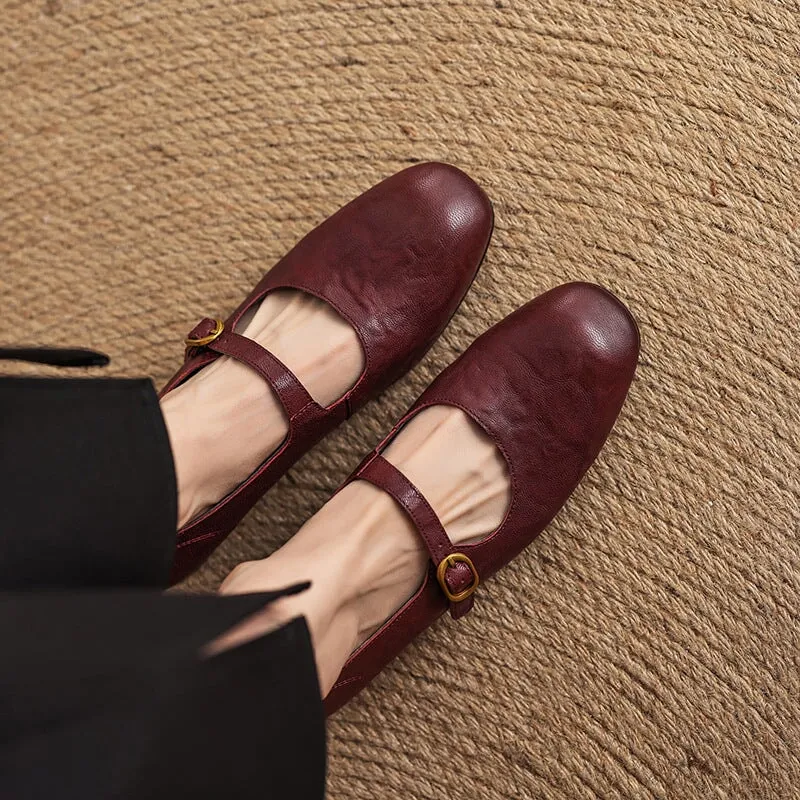 Women's Leather Strappy Mary Jane Low Block Heel in Burgundy/Black/Brown