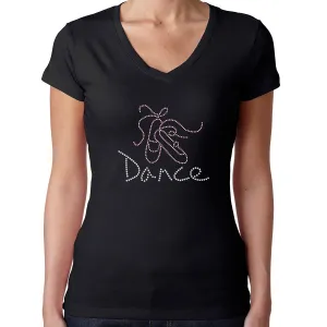 Womens T-Shirt Rhinestone Bling Black Fitted Tee Ballet Shoes Dance Ballerina