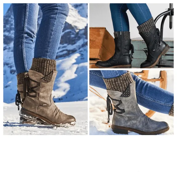 Women's Winter Warm Back Mid-Calf Lace Up Leather Waterproof Snow Boots, 6 Colors