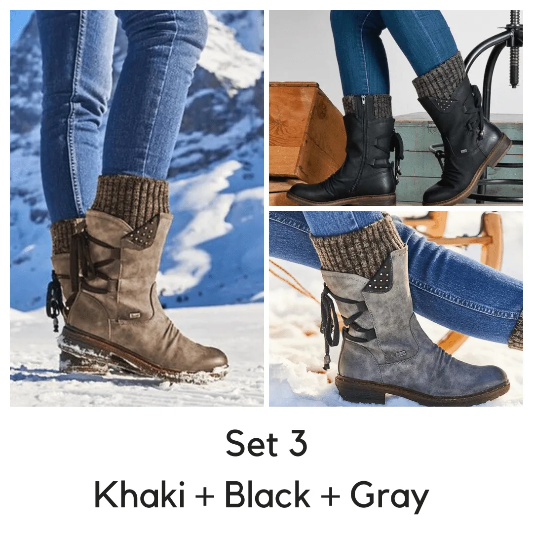 Women's Winter Warm Back Mid-Calf Lace Up Leather Waterproof Snow Boots, 6 Colors